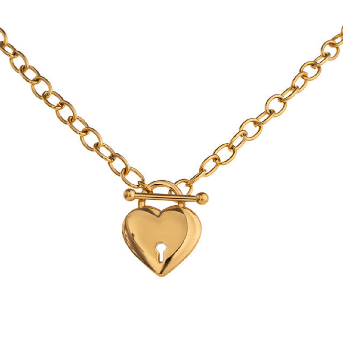 18K Gold Heart Love Lock Charm Chain Necklace Toggle Clasp Etsy