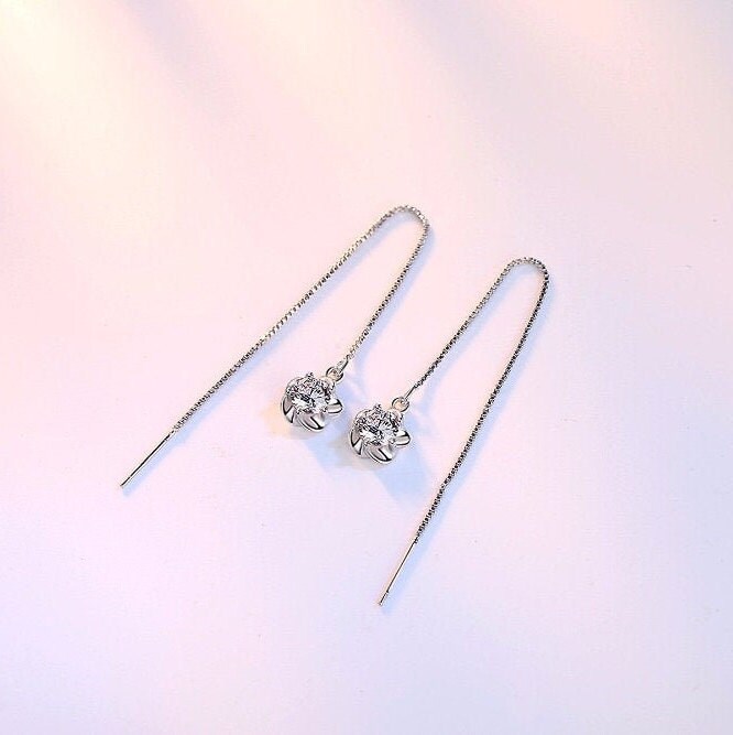 925 Crystal Flower Threader Earrings Sterling Silver CZ Etsy