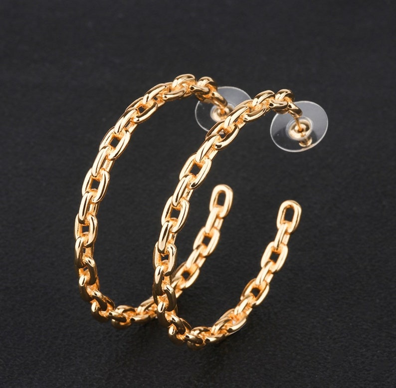 Gold Link Metal Chain Hoop Earrings Dangle Hoops Chain Etsy
