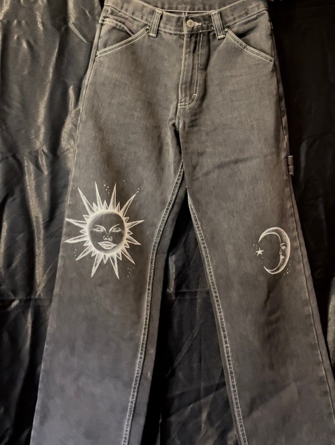 Sun and Moon Knee Hand Painted Jeans - Etsy