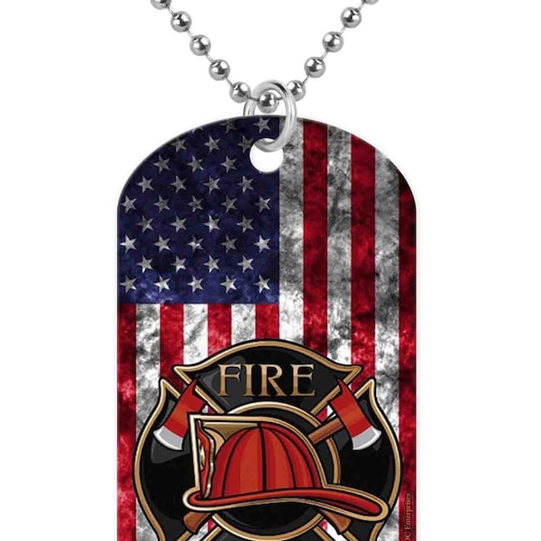 Vintage American Flag Fire Emblem Logo Fire Fighter Hero Military ID Dog Tag Stylish Pendant Necklace with 27" Adjustable Ball Chain