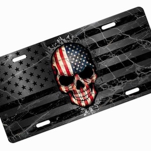 US Skull Grey American Flag Skull Custom Design Novelty Car License Plate Cover Auto Car Tag Aluminum Metal Front Plate Cover Frame for Car
