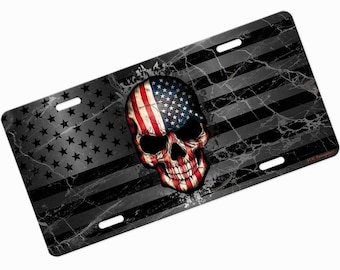 US Skull Grey American Flag Skull Custom Design Novelty Car License Plate Cover Auto Car Tag Aluminum Metal Front Plate Cover Frame for Car