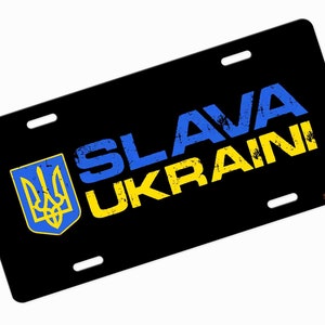 Slava Ukraini Stand with Ukraine Support Ukraine Anti Putin Stop War Novelty Car License Plate Auto Car Tag Aluminum Metal Front Cover Frame