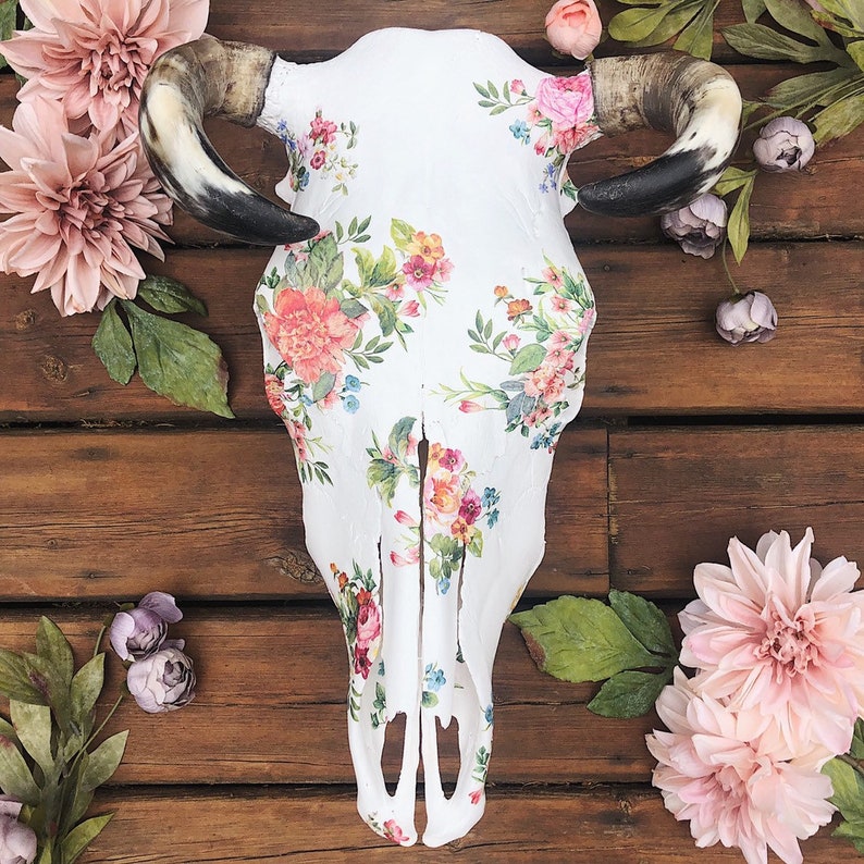 Floral Boho Style Hand Decorated Painted Real Cow Bull Skull for Rustic Country Home Decor or Wedding Decor