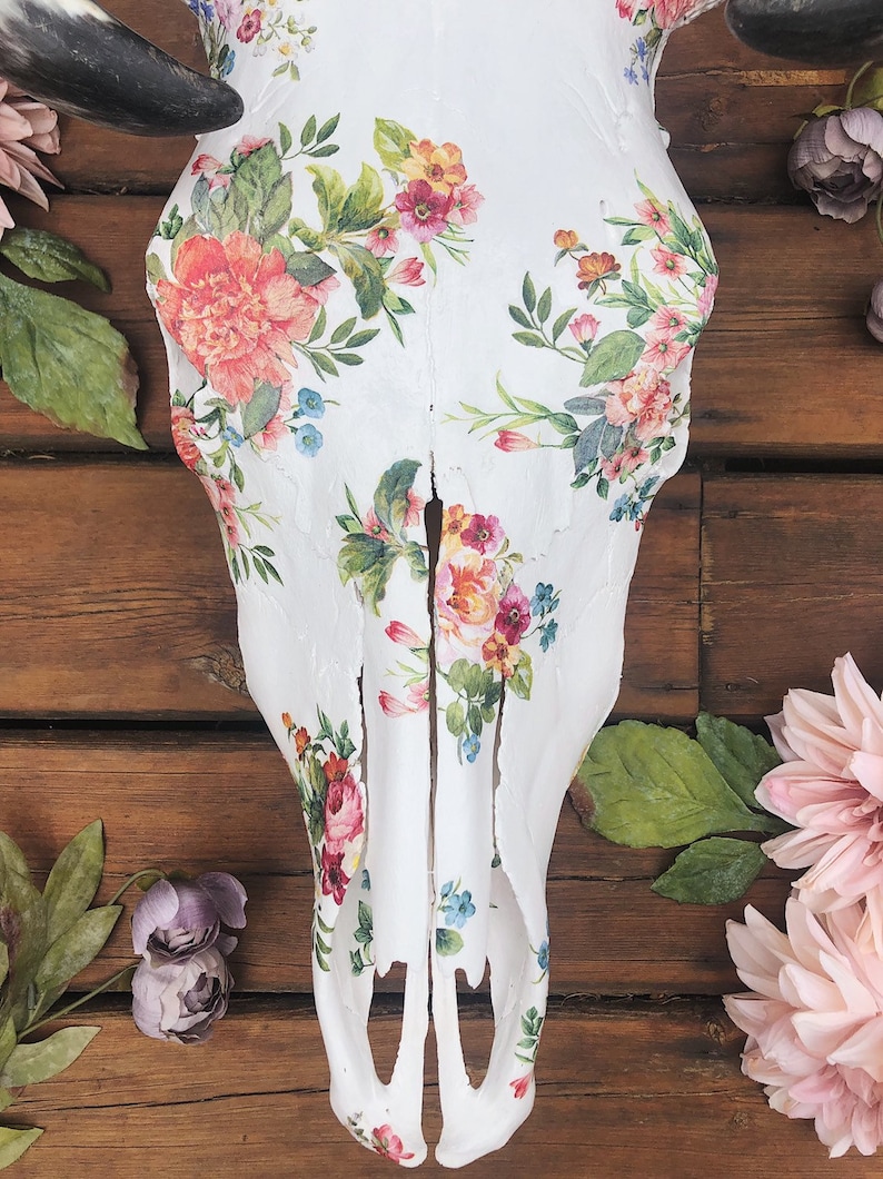 Floral Boho Style Hand Decorated Painted Real Cow Bull Skull for Rustic Country Home Decor or Wedding Decor