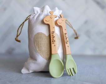 Personalized Baby Spoon and Fork Set: Giraffe Engraved Silicone Weaning Utensils