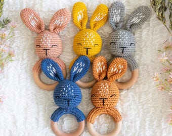 Personalized Crochet Baby Bunny Rattles | Baby Shower, Newborn, New Baby Custom Gift | Cotton Yarn & Beechwood | Cute Baby Gift W/ Gift Bag