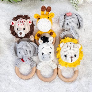 Personalized Crochet Safari Animals Rattles | Turnkey Gift Includes Gift Bag | Cotton Yarn & Beechwood | Baby Shower, Newborn, New Baby Gift