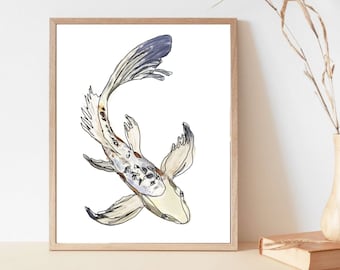 Watercolor Koi Fish Line Art Print | Asian Home Decor (Digital Download)