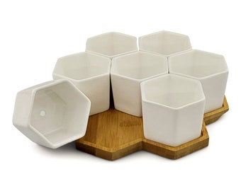 7 Hexagon Succulent Flower Pot Set - Ceramic Pot - White Ceramic Pot - Succulent Planter - Cactus Pots - Wedding Pots  - Hygge - Bamboo Tray