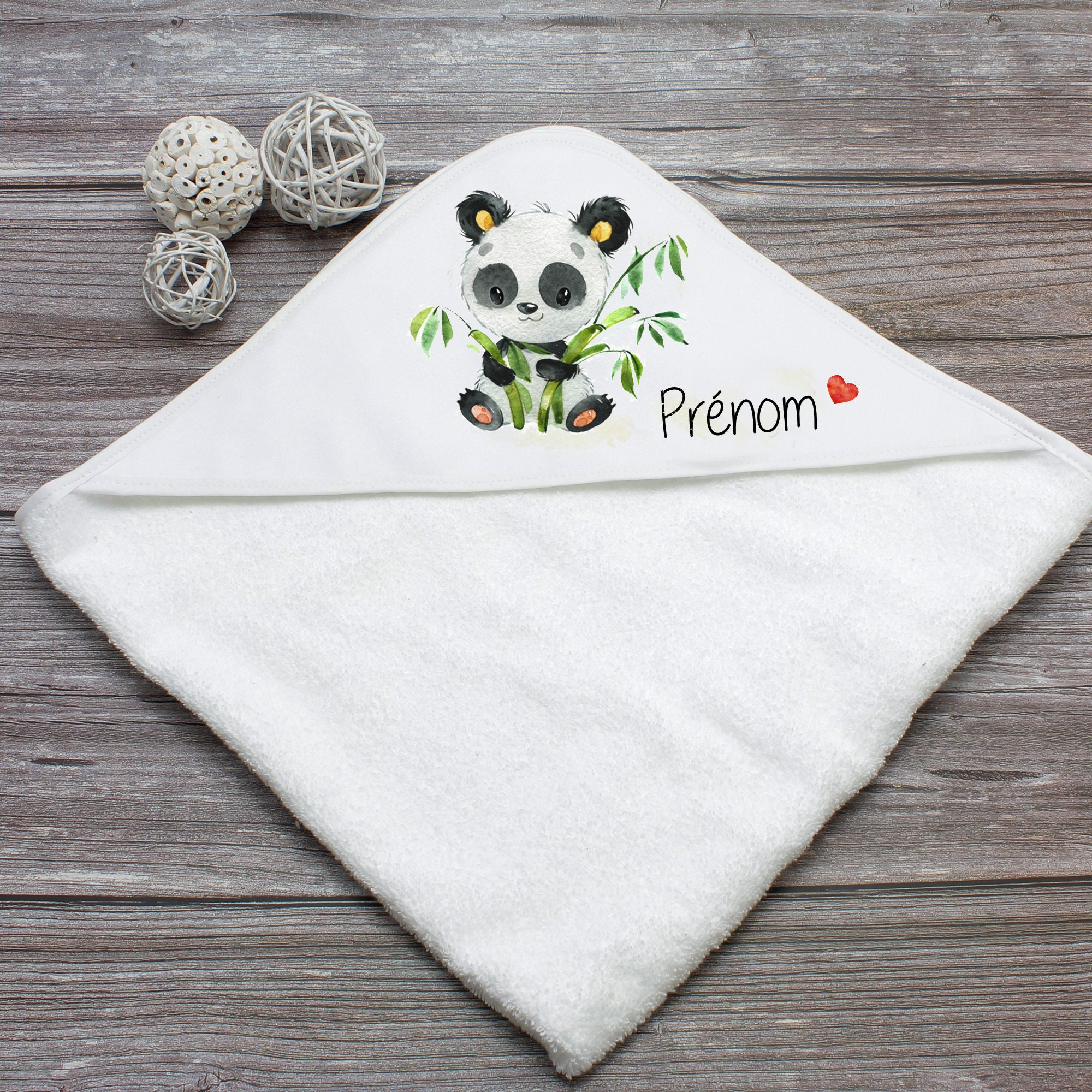 Serviette de Bain avec Cape Personnalisée Prénom Bebe - Panda Sortie Personnalisable Cadeau Naissanc