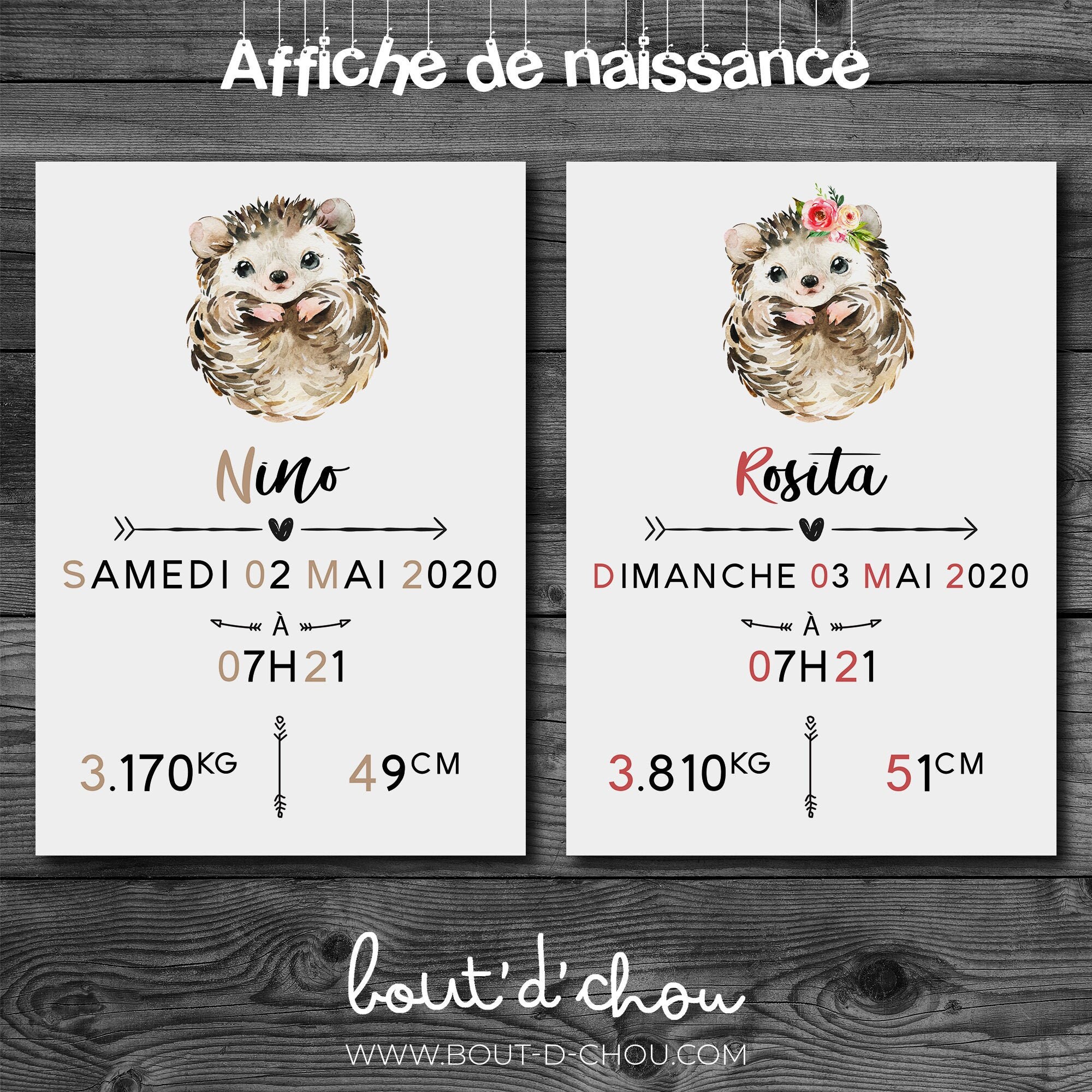 Affiche de Naissance à Encadrer - A4 Hérisson Garçon Fille Cadeau Personnalisable Chambre Enfant Déc