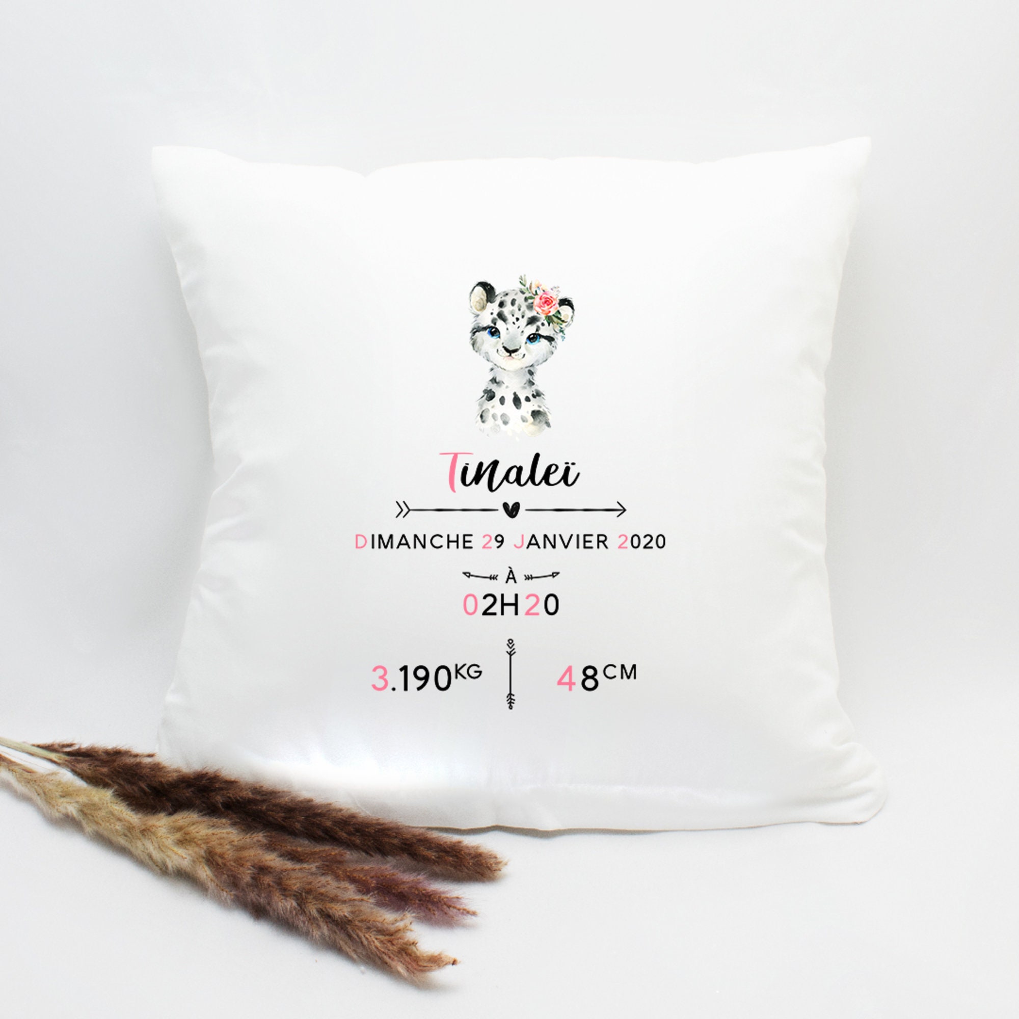 Coussin de Naissance Personnalisé - Modèle Léopard Blanc Cadeau Déco Chambre Bébé | Bout'd'chou