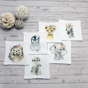 6 Washable baby/makeup remover wipes - Animal Illustrations - Reusable cottons - Washable wipe | Bout'D'Chou