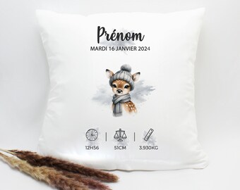 Coussin de naissance personnalisé - Modèle Animaux d'hiver - Cadeau naissance - Déco chambre de bébé | Bout'D'Chou