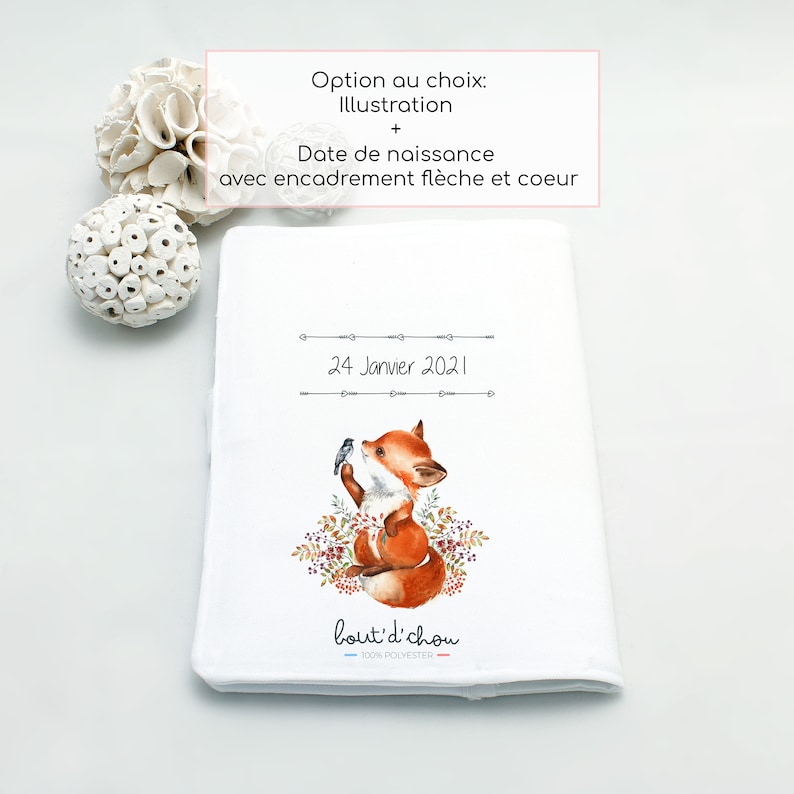 Personalized Fox health book cover Customizable baby book cover Birth gift with first name Bout'D'Chou Illustration+date