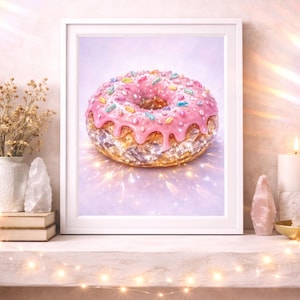 Wydruk artystyczny „Crystal Donut”; unikatowa różowa dekoracja ścienna do kuchni (do pobrania w wersji cyfrowej)