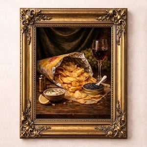 May include: A framed still life featuring a bag of potato chips spilling onto a wooden surface, alongside a glass of red wine, caviar, dip, and a lemon wedge. A bunch of green grapes and a salt shaker are also present.