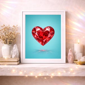 Op de afbeelding: Een ingelijste print met een groot, facetgeslepen rood hart tegen een turquoise achtergrond. Het hart heeft een sprankelende, edelsteenachtige uitstraling. De witte lijst staat op een plank met decoratieve items.