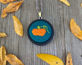 Embroidered Pumpkin Necklace or Keychain, Fall Jewelry, Halloween Jewelry