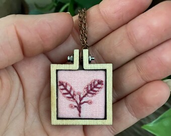 Embroidered Pink Leaf Necklace, Embroidered Jewelry, Plant Necklace, Floral Jewelry, Necklace