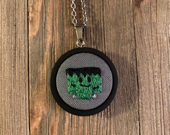 Embroidered Frankenstein Necklace or Keychain, Fall Jewelry, Halloween Jewelry