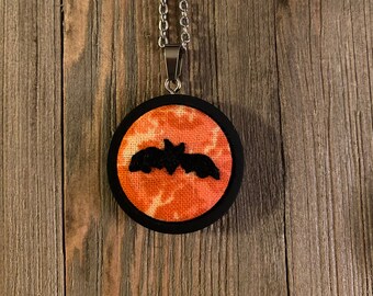 Embroidered Bat Necklace or Keychain, Fall Jewelry, Halloween Jewelry