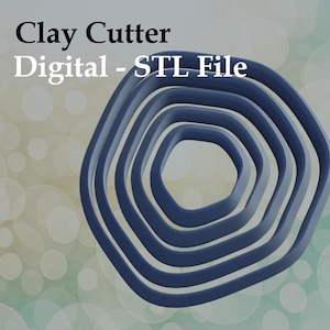 May include: A blue clay cutter in a geometric design. The text "Clay Cutter Digital - STL File" is displayed in black and white. The cutter has a series of concentric shapes, creating a layered effect. The background is a gradient of light green and blue with white circles.
