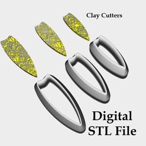 May include: An assortment of clay cutters and a digital STL file. The clay cutters are in a teardrop shape, with a yellow and gray floral pattern. The other cutters are silver and in the same teardrop shape. The text "Clay Cutters" and "Digital STL File" are also visible.