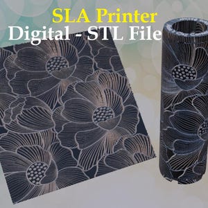 Può includere: Un file STL digitale per la stampa SLA con un design floreale. L'immagine mostra un pannello rettangolare e un oggetto cilindrico, entrambi con uno sfondo scuro e un motivo floreale dettagliato di colore chiaro. Il testo in alto recita "SLA Printer Digital - STL File."
