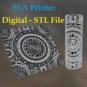 May include: An image featuring a black and white patterned design, alongside a cylindrical object with a similar pattern. The text "SLA Printer Digital - STL File" is displayed in blue and yellow.