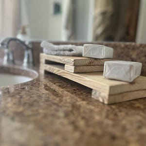 Pack of three! Rustic wooden counter top tray, bathroom tray, trivet riser