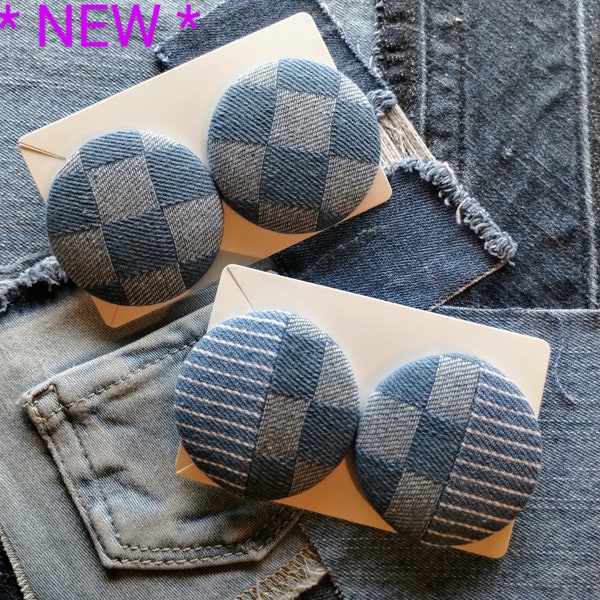 OVERSIZED Denim cover button stud earrings EXTRA LARGE 1 7/8 inches Size 75 (47mm) hypoallergenic post... clip-on option available