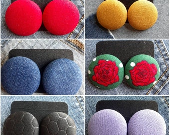 Cover Button fabric earrings w/ hypoallergenic post/or Clip-on option available... 1 pair 1 1/2 inches...size 60 lightweight