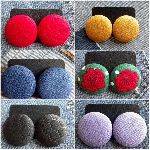 Cover Button fabric earrings w/ hypoallergenic post/or Clip-on option available... 1 pair 1 1/2 inches...size 60 lightweight