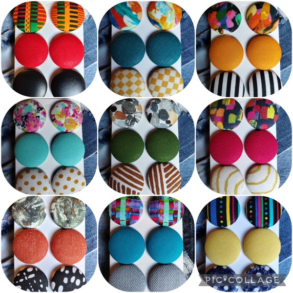 Stylish fabric cover button stud earrings 3 pairs w/hypoallergenic post clip-on option available 1 1/8 inches size 45 (28mm)