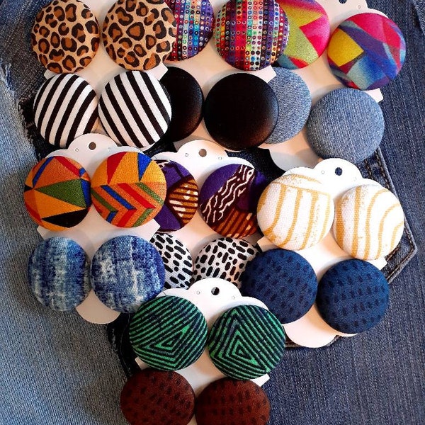 Cute cover button 2 pk stud earrings w/hypoallergenic post (1 1/2 inches) Pierced and Clip-on options available