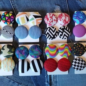 Printed fabric cover button earrings w/hypoallergenic post 2 pairs...Clip-on option available