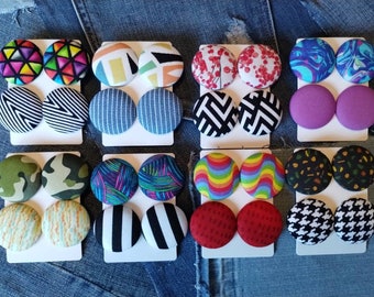 Printed fabric cover button earrings w/hypoallergenic post 2 pairs...Clip-on option available