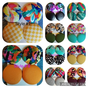 Printed fabric cover button stud earrings w/hypoallergenic post 2 pairs clip-ons option available