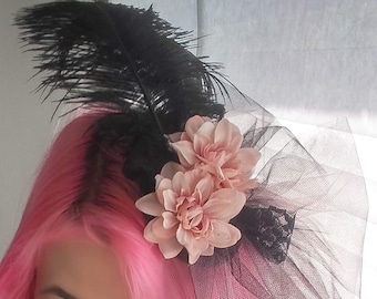 Black and Pink Fascinator, Victorian Inspired, Cocktail Hat, Bridal Hair accessory, Mother of the Bride fascinator, Kentucky Derby hat