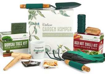 Gardening Gifts Hamper - Grow Your Own Chilli & Bonsai kit - Garden tools, Gloves, Soap, Mug  - Great Valentines Gift for Him or her