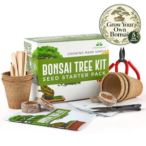 May include: A bonsai tree kit seed starter pack in a green and white box with the text Bonsai Tree Kit Seed Starter Pack. Includes brown fiber pots, wooden plant markers, a pencil, red-handled pruning shears, black scissors, and soil discs.