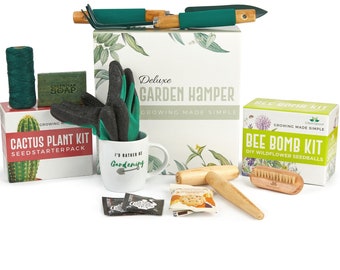 Gardening Gifts Hamper - Grow Your Own Cactus & Beebomb Kit - Garden tools, Gloves, Soap, Mug - Great Valentines Day Gift for Him or her