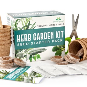 Kit de jardin d’herbes aromatiques - Cultivez vos propres herbes de cuisine à l’intérieur - Coffret cadeau de jardinier - Basilic, persil, thym, coriandre, aneth et ciseaux aux herbes