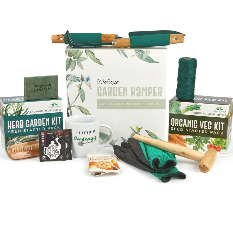 Gardening Gifts Hamper - Grow Your Own Organic Veg & Garden Herbs - Garden tools, Gloves, Soap, Mug - Great Gift for Him or her 