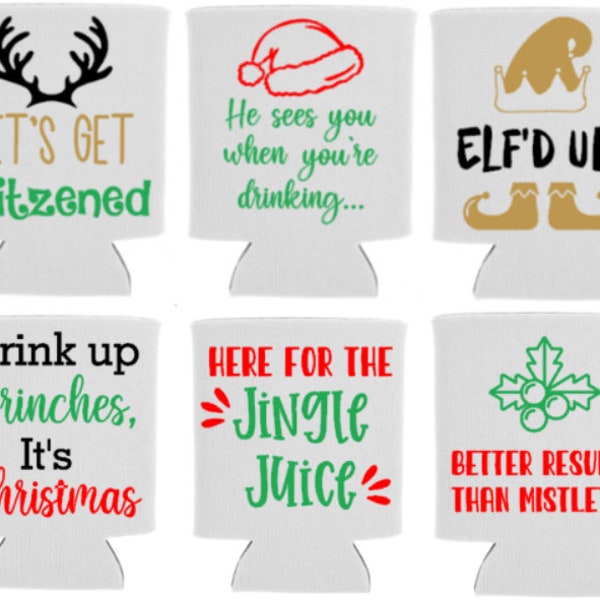 Christmas Party Personalized Can Coolers  Holiday Party Favors Christmas gift Stocking Stuffer Funny Christmas Drinking Quotes
