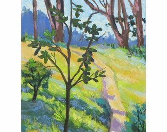 Path Up the Hill, an original gouache painting by Rhett Regina Owings, signed, matted, California