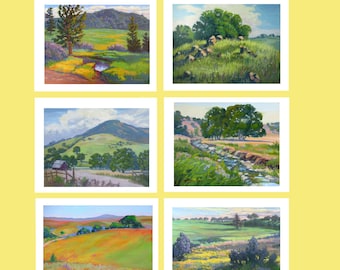 CALIFORNIA FOOTHILLS SPRING ~ 6 note card set from original paintings by Rhett R Owings, oak trees, wildflowers, landscapes, art stationery